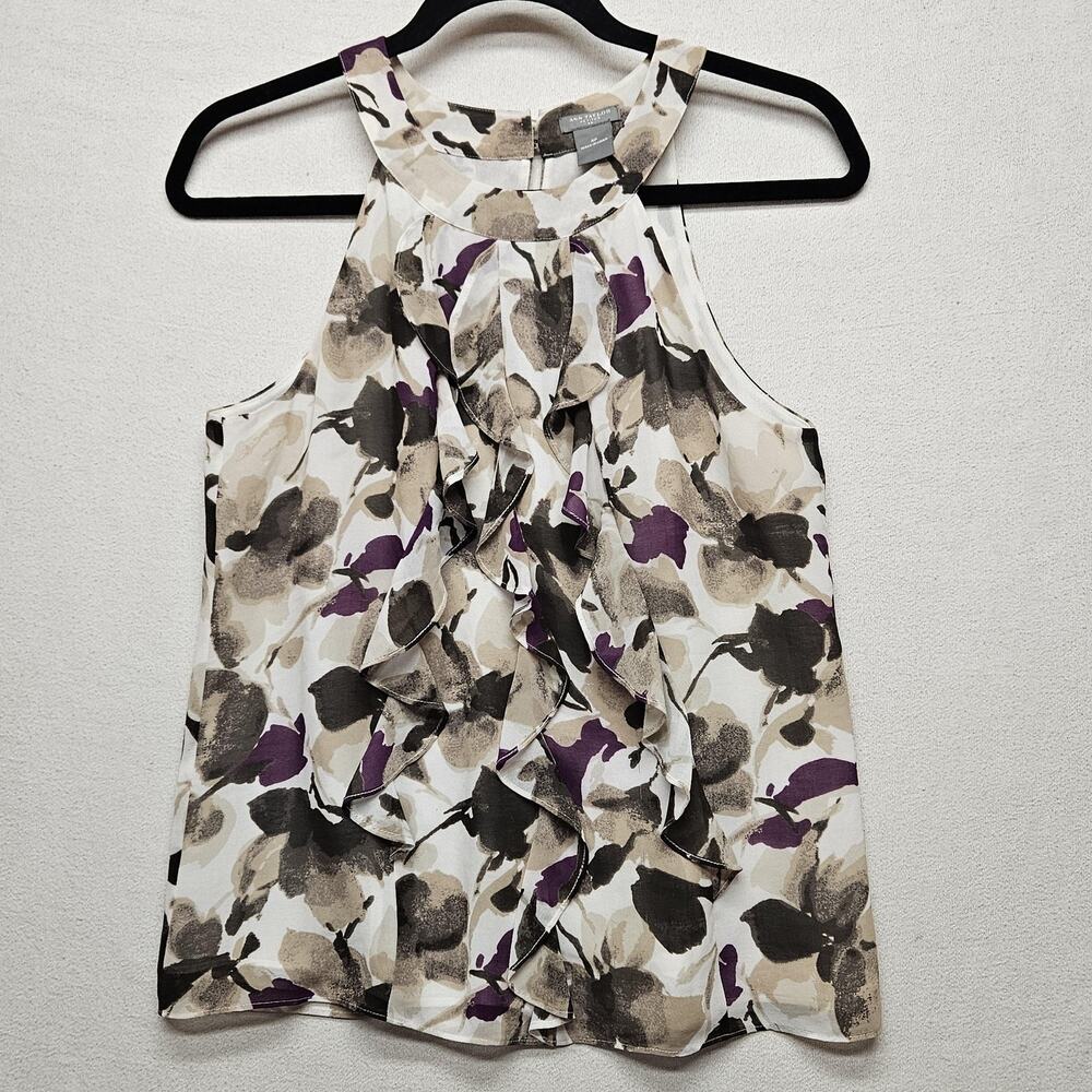 Ann Taylor Blouse Womens 4P Petite Floral Ruffle Sleeveless Top Purple Beige
